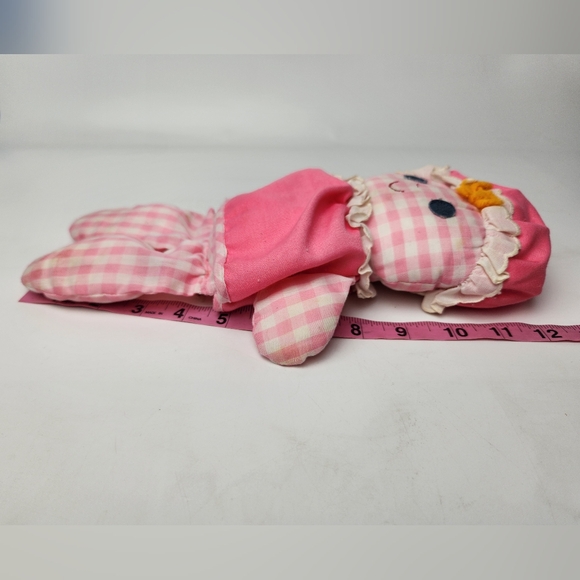 Vintage 1975 Fisher Price 12" Lolly Dolly Pink Gingham Doll Rattle Yarn Hair - Picture 7 of 8